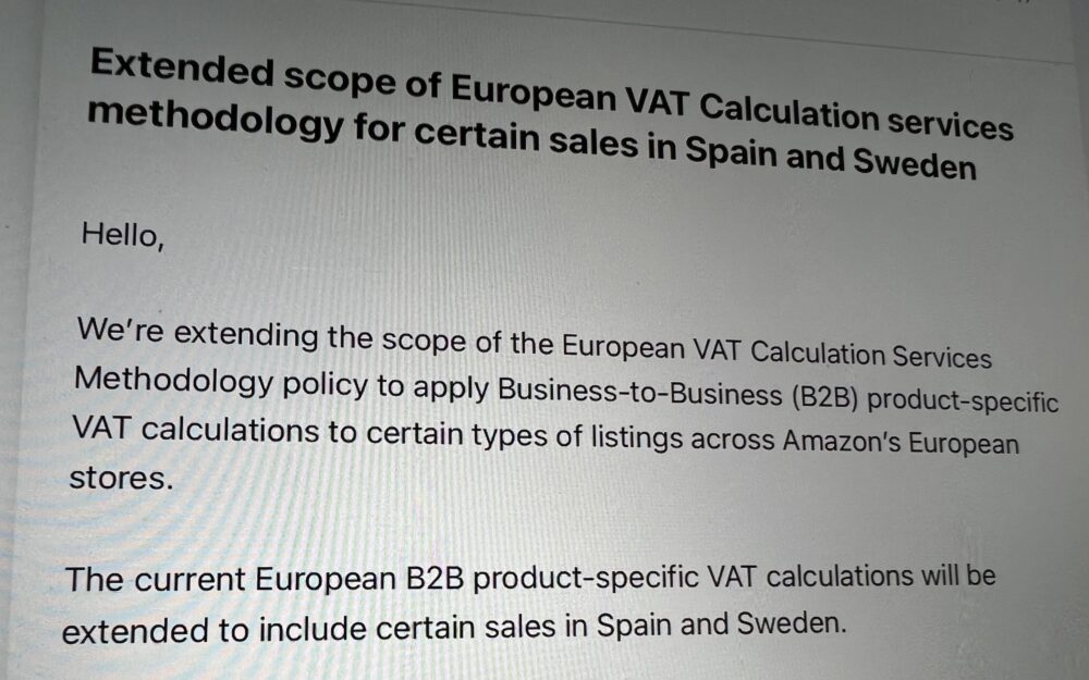 Extended scope of European Amazon VAT Calculation services methodology for certain sales in Spain and Sweden