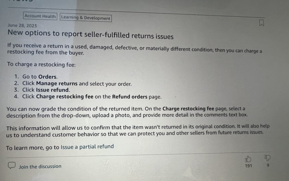 Amazon introduces new options to report issues with customer returns and charge a restocking fee