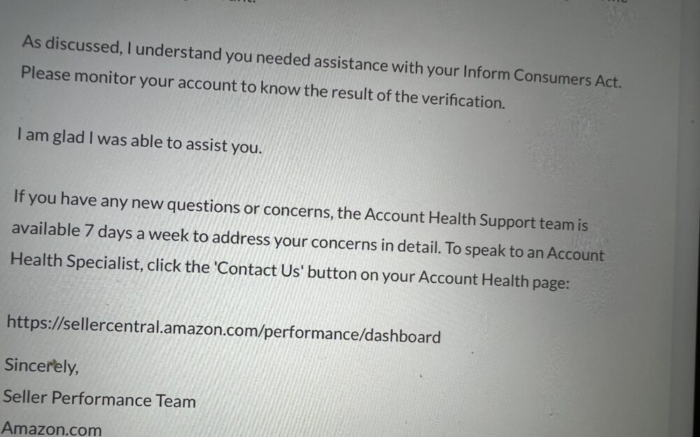 Account Health Team will assist Amazon Sellers with INFORM Act outside of regular working hours