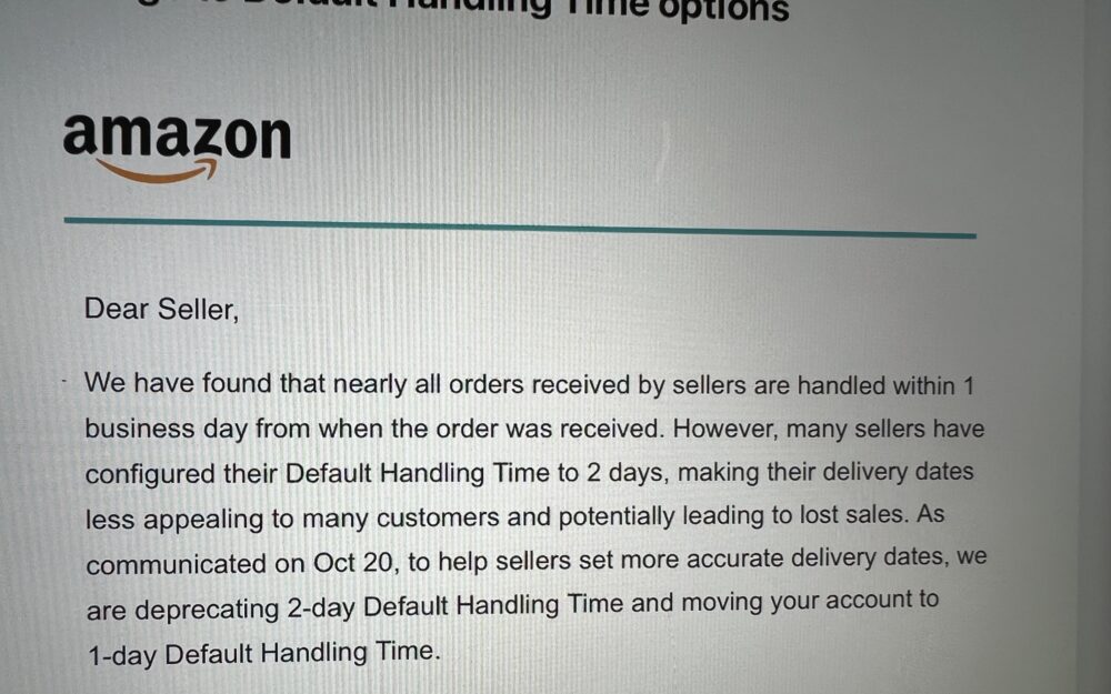 Change to Default Handling Time options for Amazon Sellers in the US